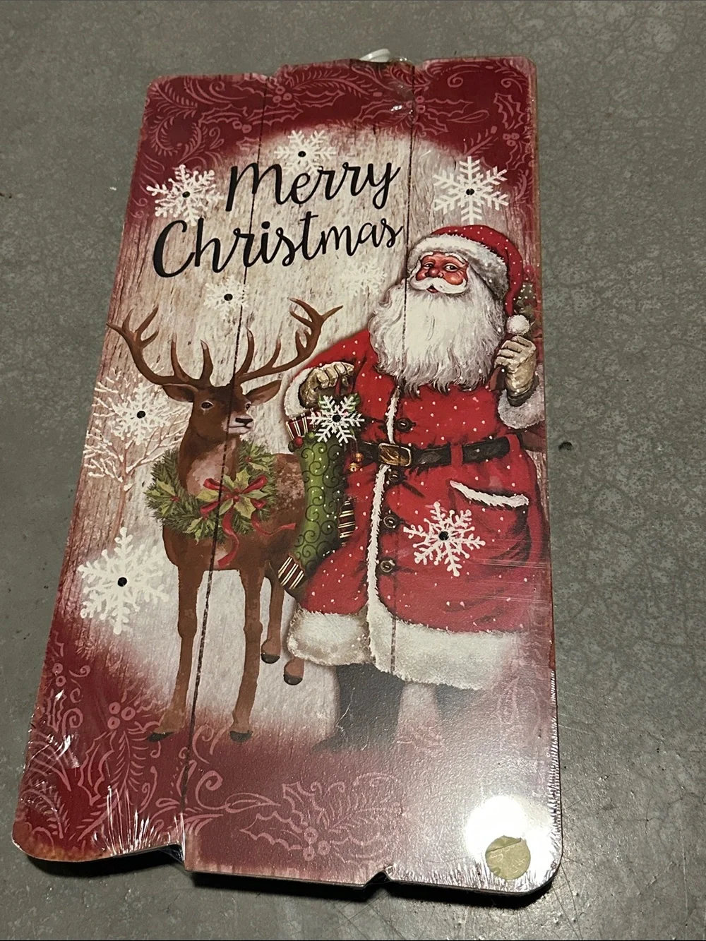 Merry Christmas Santa & Reindeer Holiday Wall Plaque - Red, White, Green